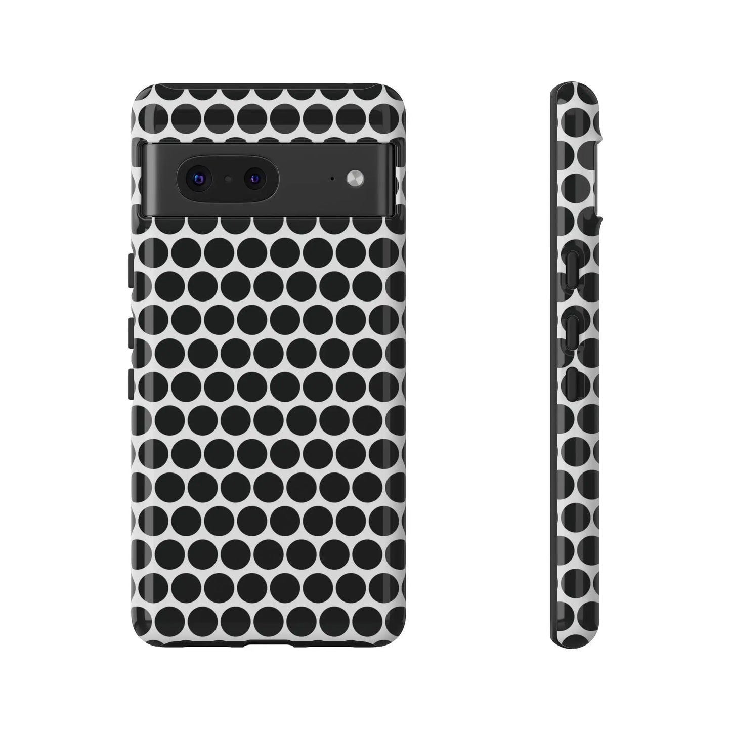 Back side of black white dot tough phone case with white dot pattern for iphone samsung google with sleek design