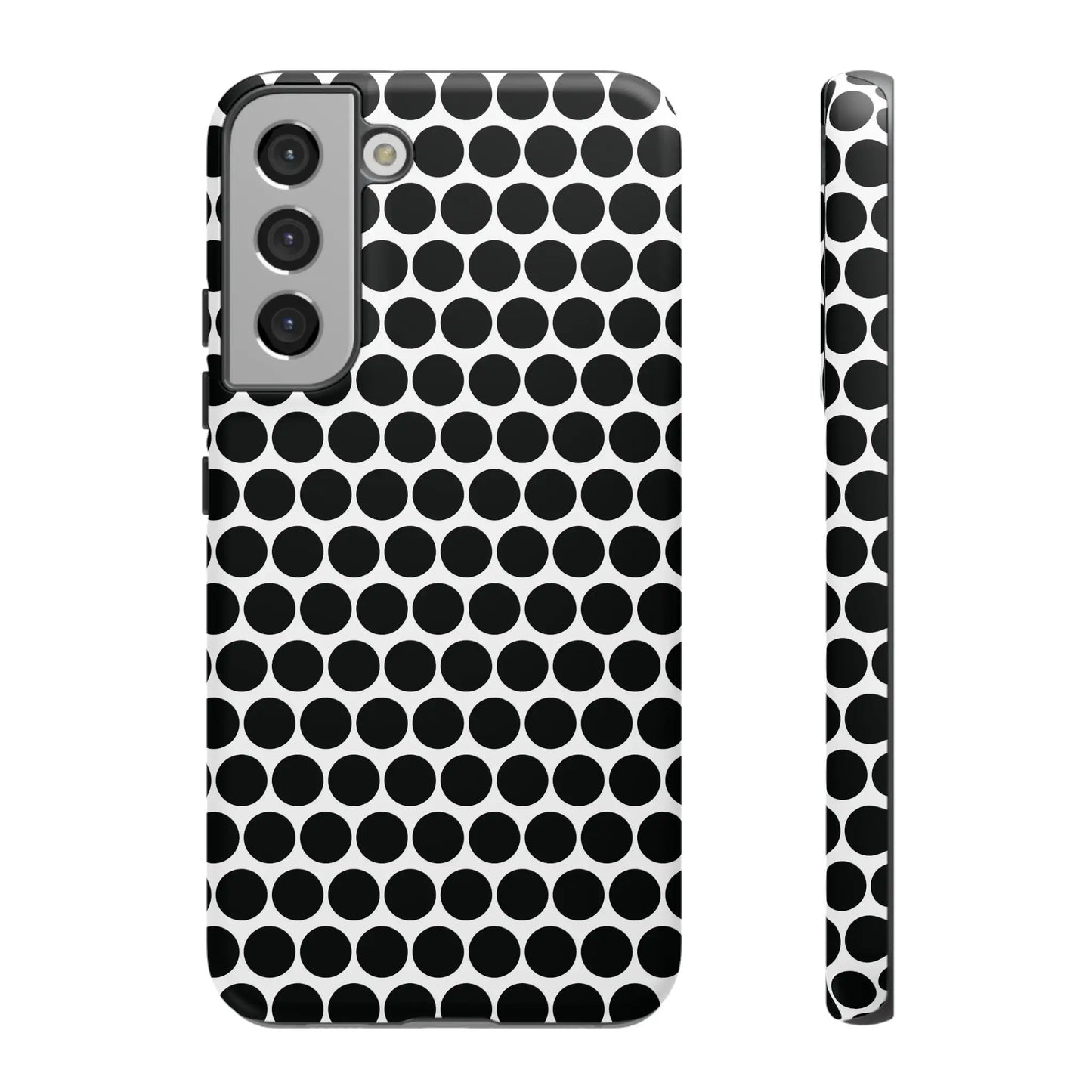 Black white dot pattern tough phone case with sleek modern design shown from the back for iphone samsung google