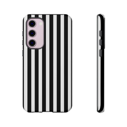 Black white horizontal stripe phone case cover with sleek modern design shown from the back for iPhone Samsung and Pixel