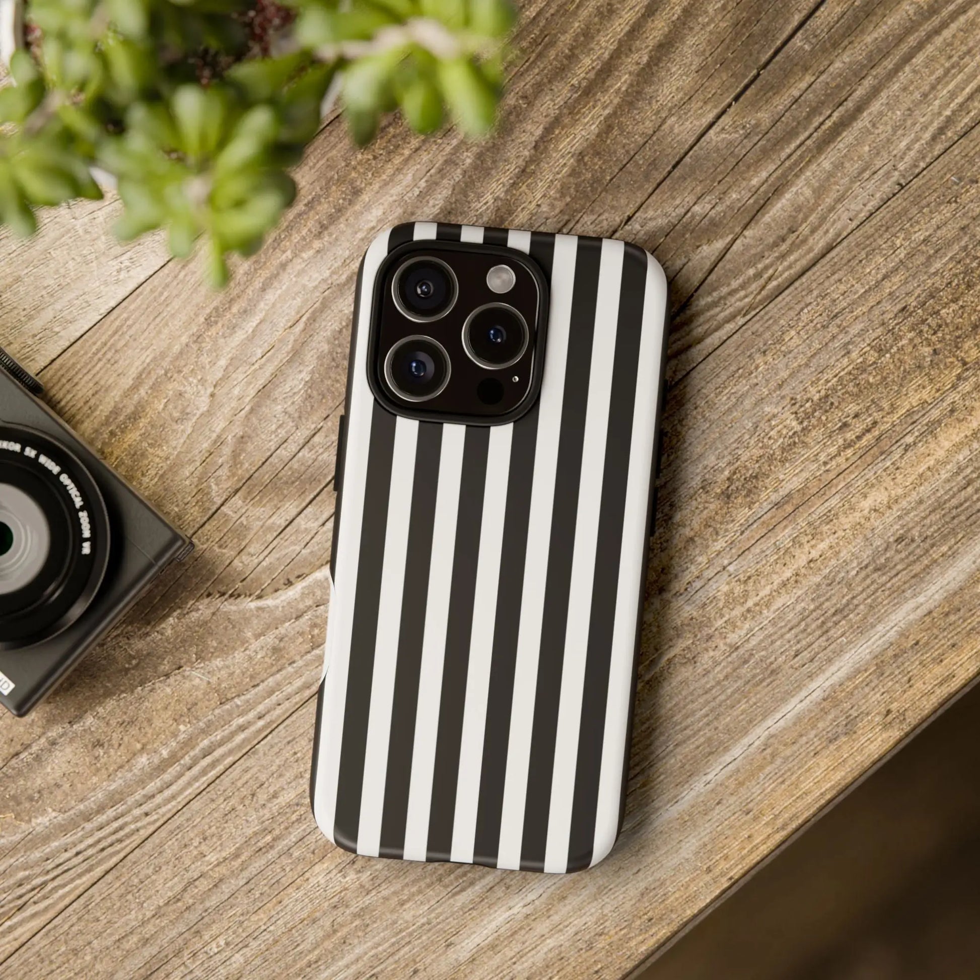 Black white horizontal stripe phone case cover with sleek modern design shown from the back for iphone samsung galaxy s24 and google pixel phones