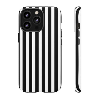 Black and white vertical stripe phone case cover showing back side for iPhone Samsung Galaxy S24 and Google Pixel phones