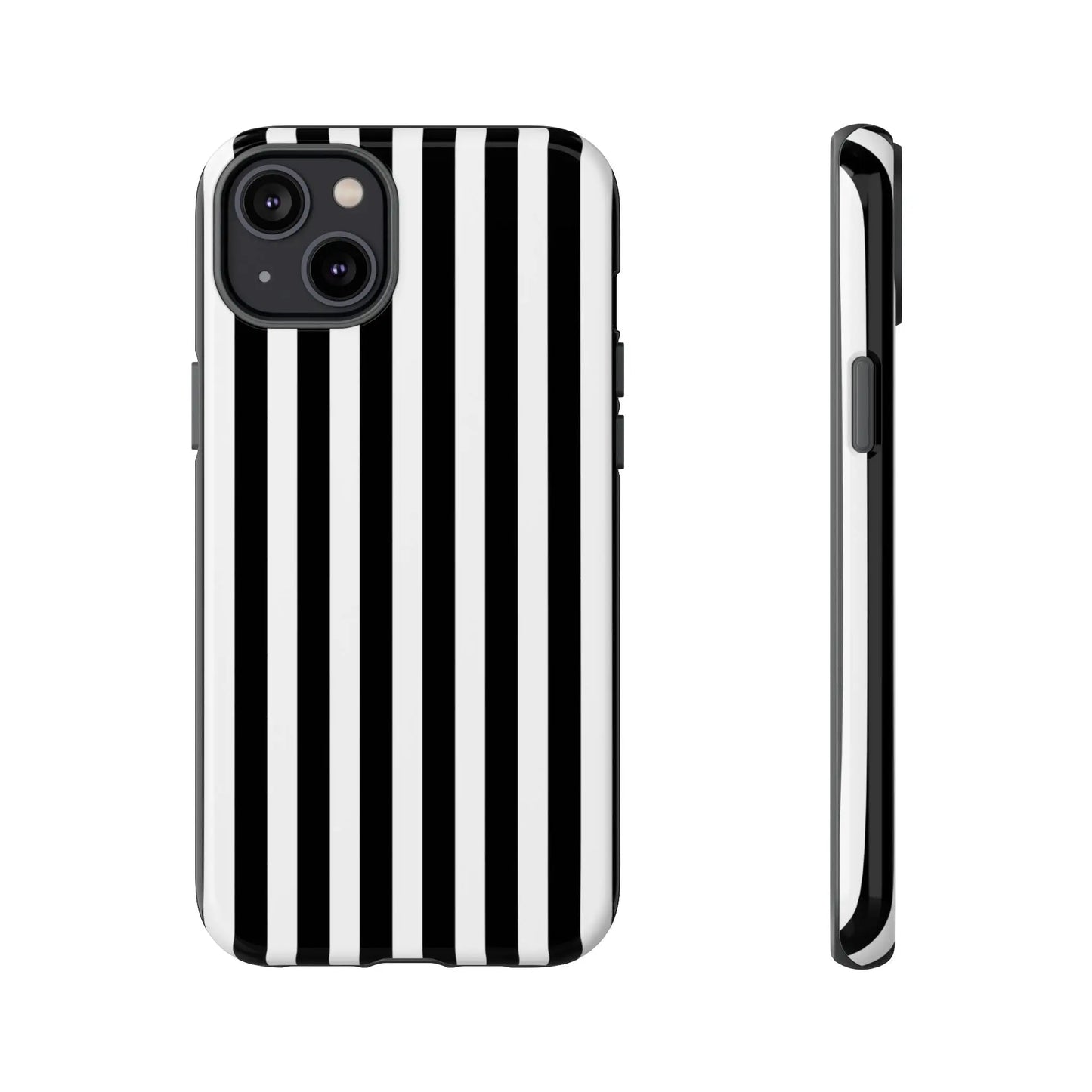 Black white horizontal stripe phone case with a sleek protective design shown from the back for iPhone Samsung and Pixel phones