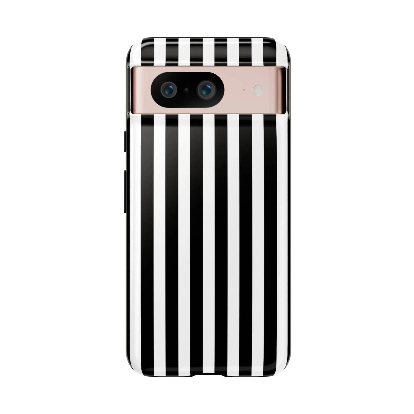Back side of a black and white horizontal stripe phone case with a rose gold camera module for iPhone Samsung galaxy s24 and google pixel phones