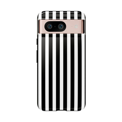 Back side of a black and white horizontal stripe phone case with a rose gold camera module for iPhone Samsung galaxy s24 and google pixel phones