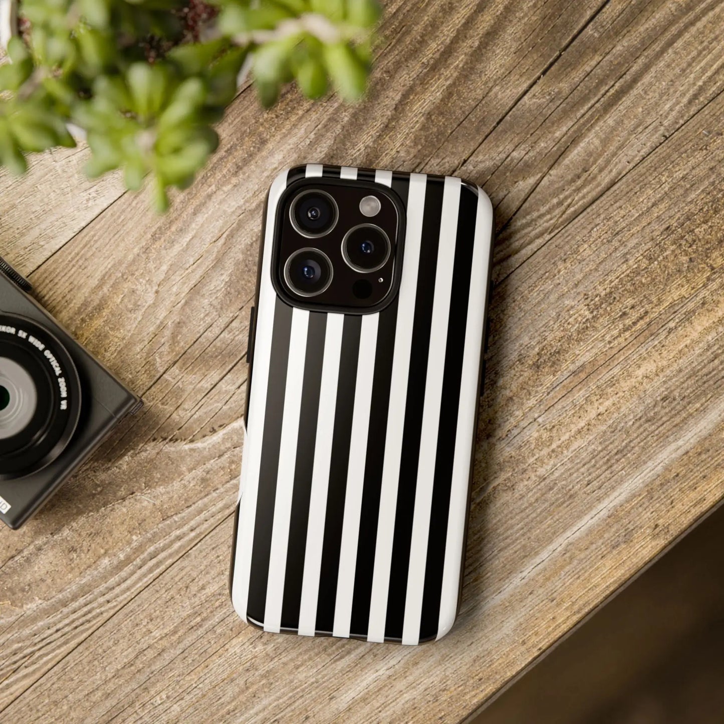 Black and white horizontal stripe phone case cover showing the back with sleek modern vertical stripes for iPhone Samsung and Google Pixel