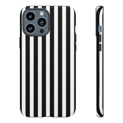 Back side of a sleek black and white horizontal stripe phone case cover for iphone samsung galaxy s24 and google pixel phones