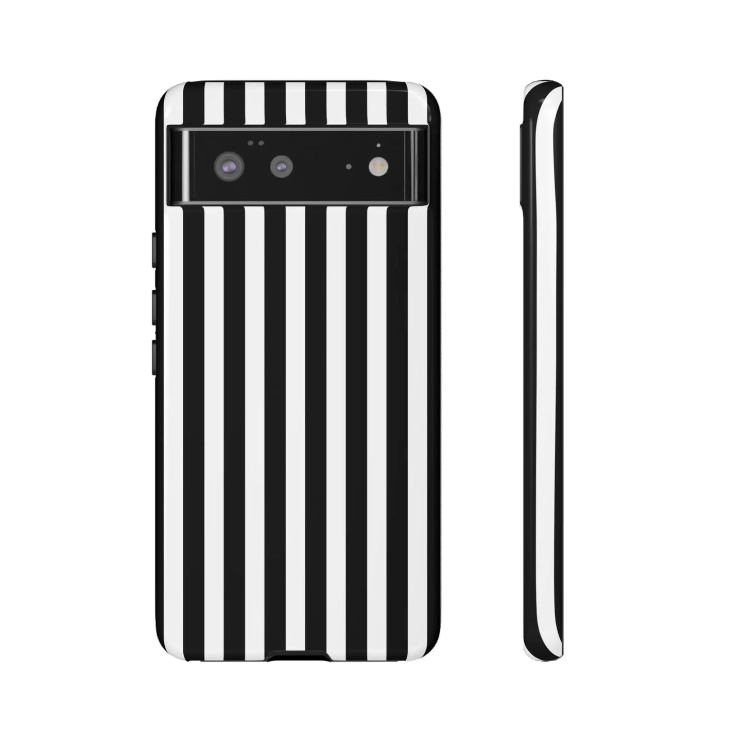 Black and white horizontal stripe phone case cover with sleek modern design shown from the back for multiple phones