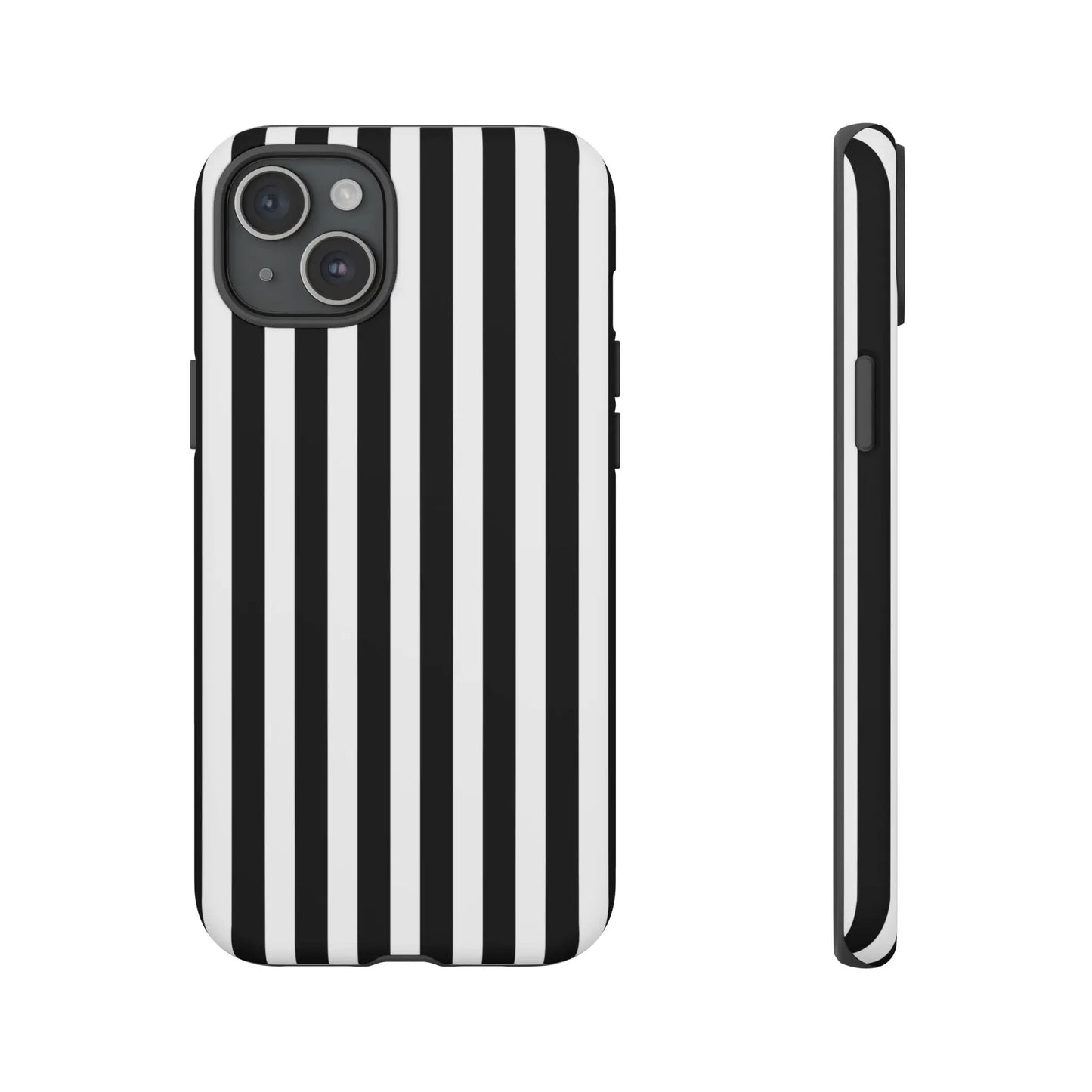 Black white horizontal stripe phone case cover showing the back side with sleek modern design for iPhone Samsung Galaxy S24 and Google Pixel