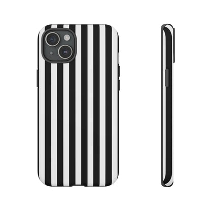 Black white horizontal stripe phone case cover showing the back side with sleek modern design for iPhone Samsung Galaxy S24 and Google Pixel
