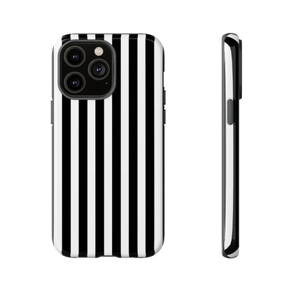 Back side of black and white horizontal stripe phone case cover with sleek glossy finish for iphone samsung galaxy s24 and google pixel phones