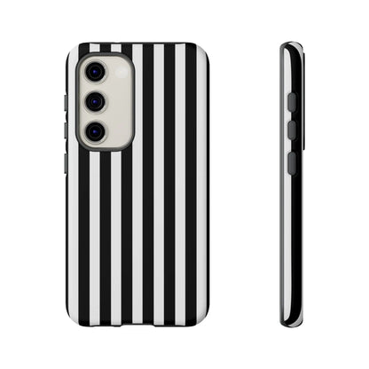 Black and white horizontal stripe phone case cover with sleek modern design shown from back for iPhone Samsung Galaxy S24 and Pixel