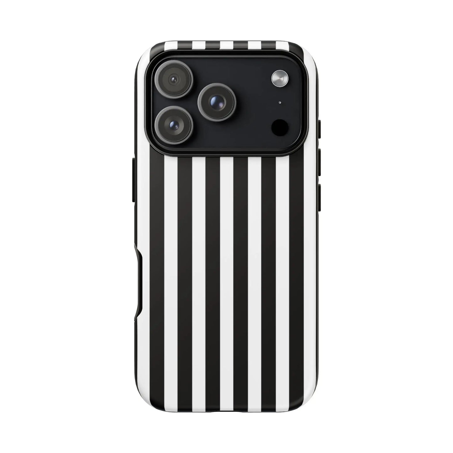 Black white horizontal stripe phone case cover with sleek modern design shown from the back for multiple phone models