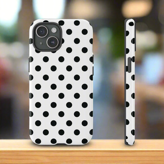 Black & White Polka dot Tough Phone Case for iPhone, Samsung, Google