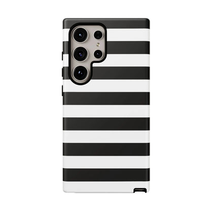 Black white stripe phone case with sleek modern design shown from back for iphone samsung s google pixel phones