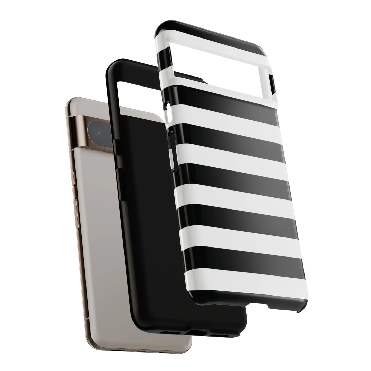 Black white stripe phone case with sleek glossy finish shown from the back for iphone samsung and google pixel phones