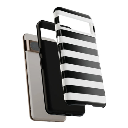Black white stripe phone case with sleek glossy finish shown from the back for iphone samsung and google pixel phones