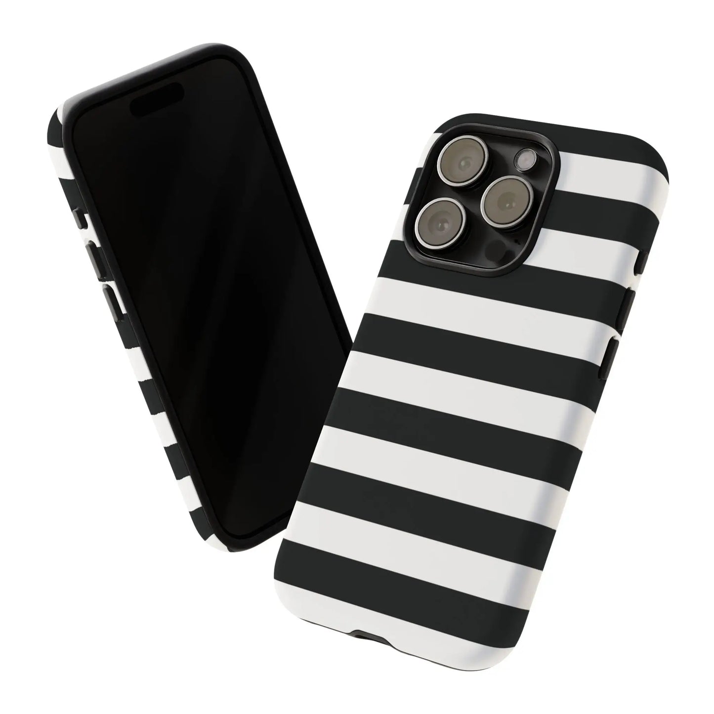 Back view of a sleek black white stripe phone case for iphone samsung s and google pixel phones