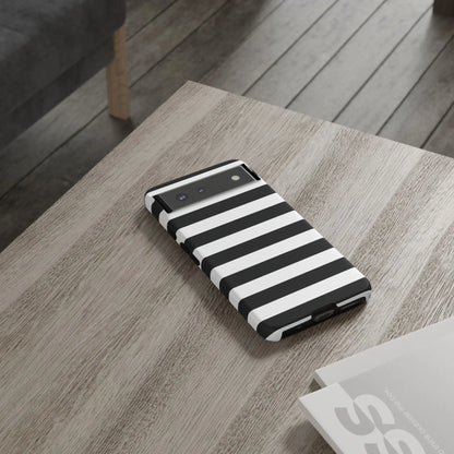Black white stripe phone case with sleek modern design showing back side for iphone samsung s and google pixel phones