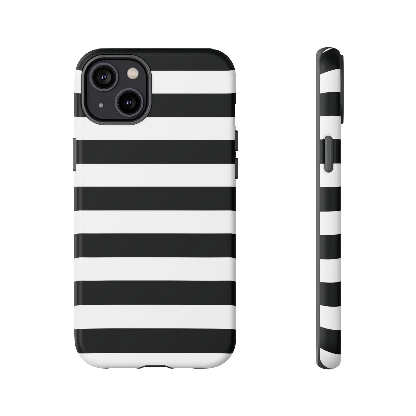 Back view of a black white stripe phone case with sleek modern design for iphone samsung s and google pixel phones