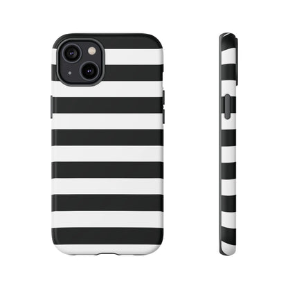 Back view of a black white stripe phone case with sleek modern design for iphone samsung s and google pixel phones