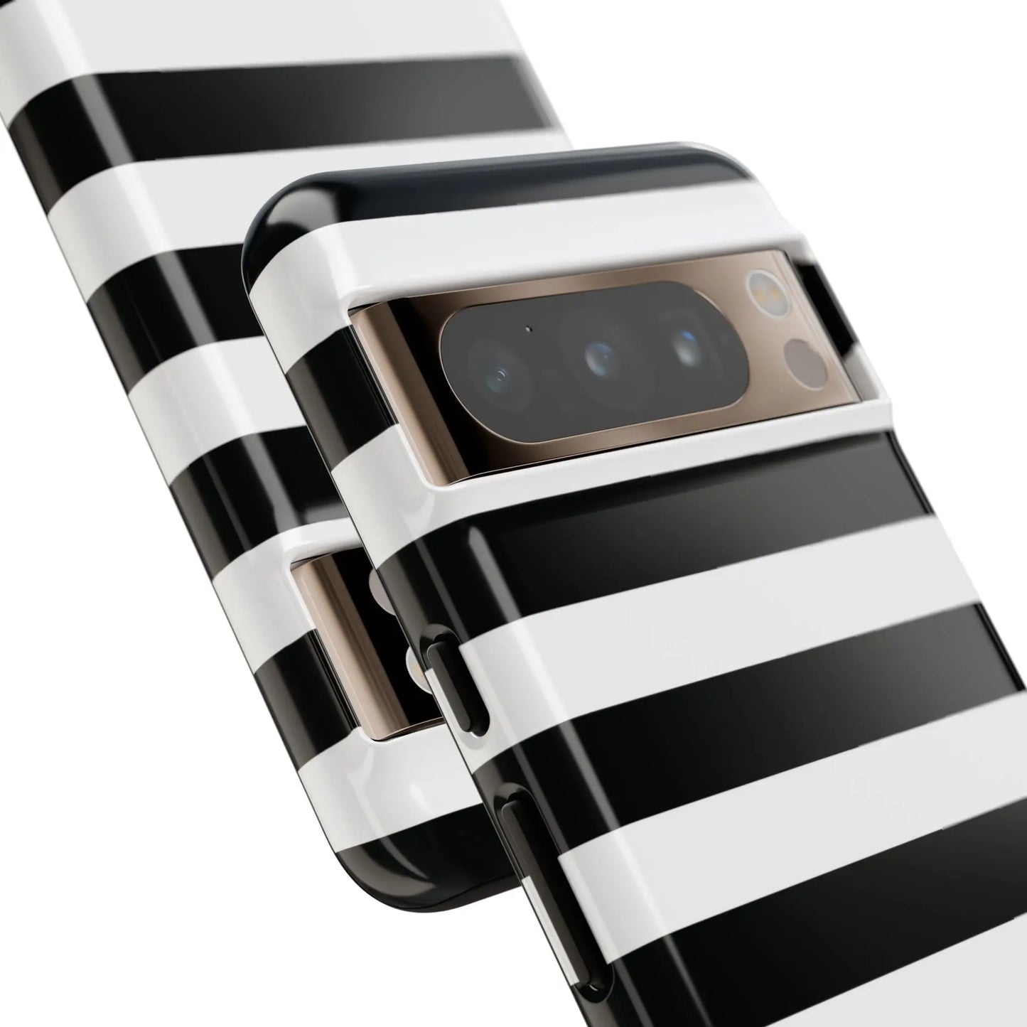 Black white stripe glossy phone case for iphone samsung s google pixel shown from the back side