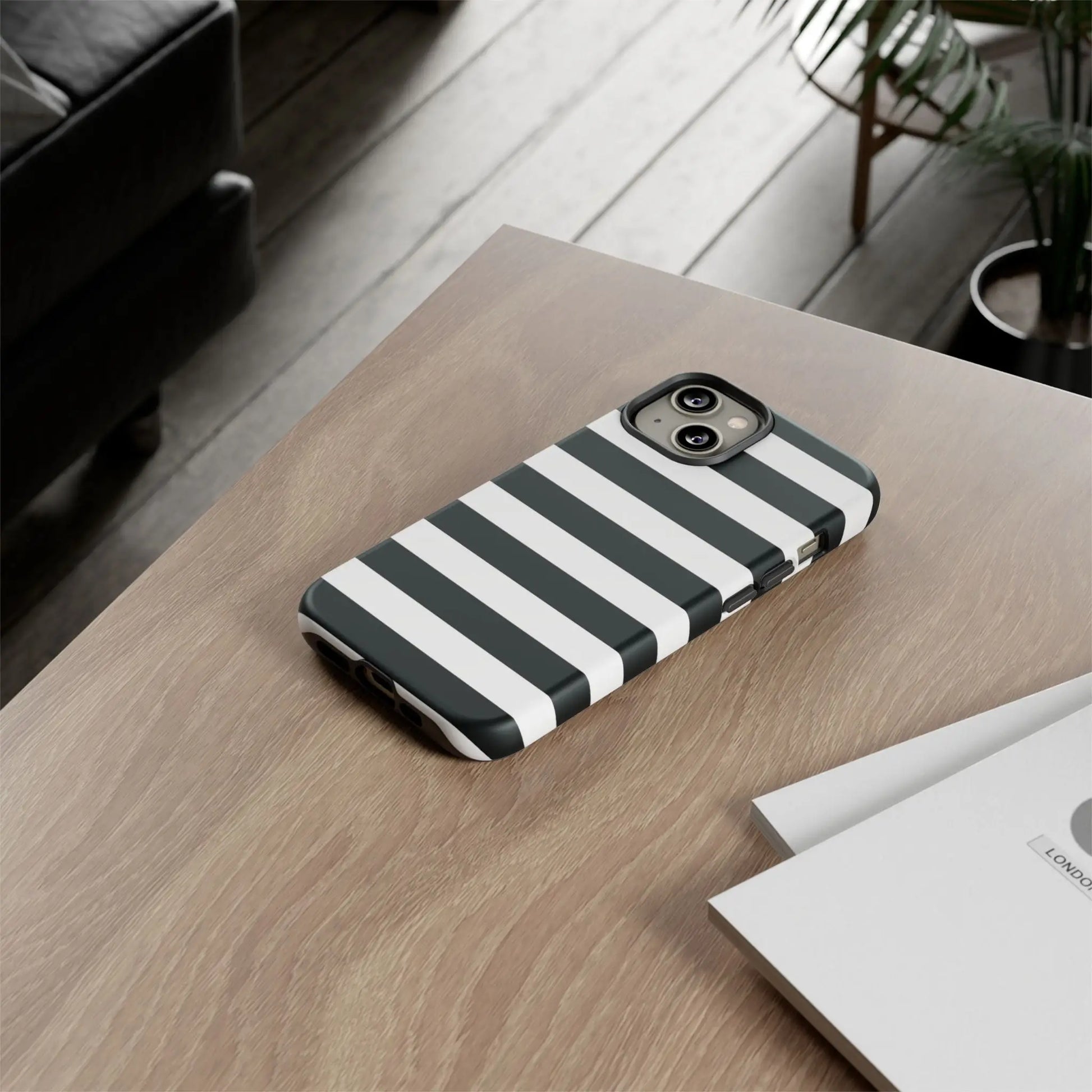 Black white stripe phone case for iphone samsung and google pixel showing the back with modern sleek design