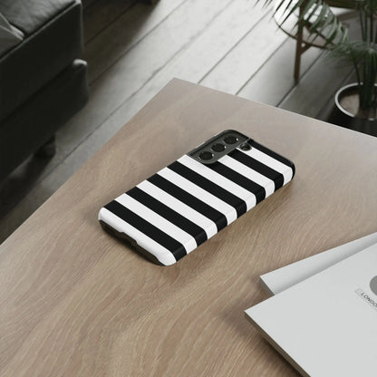 Black white stripe phone case with sleek modern design shown from the back for iphone samsung s and google pixel phones