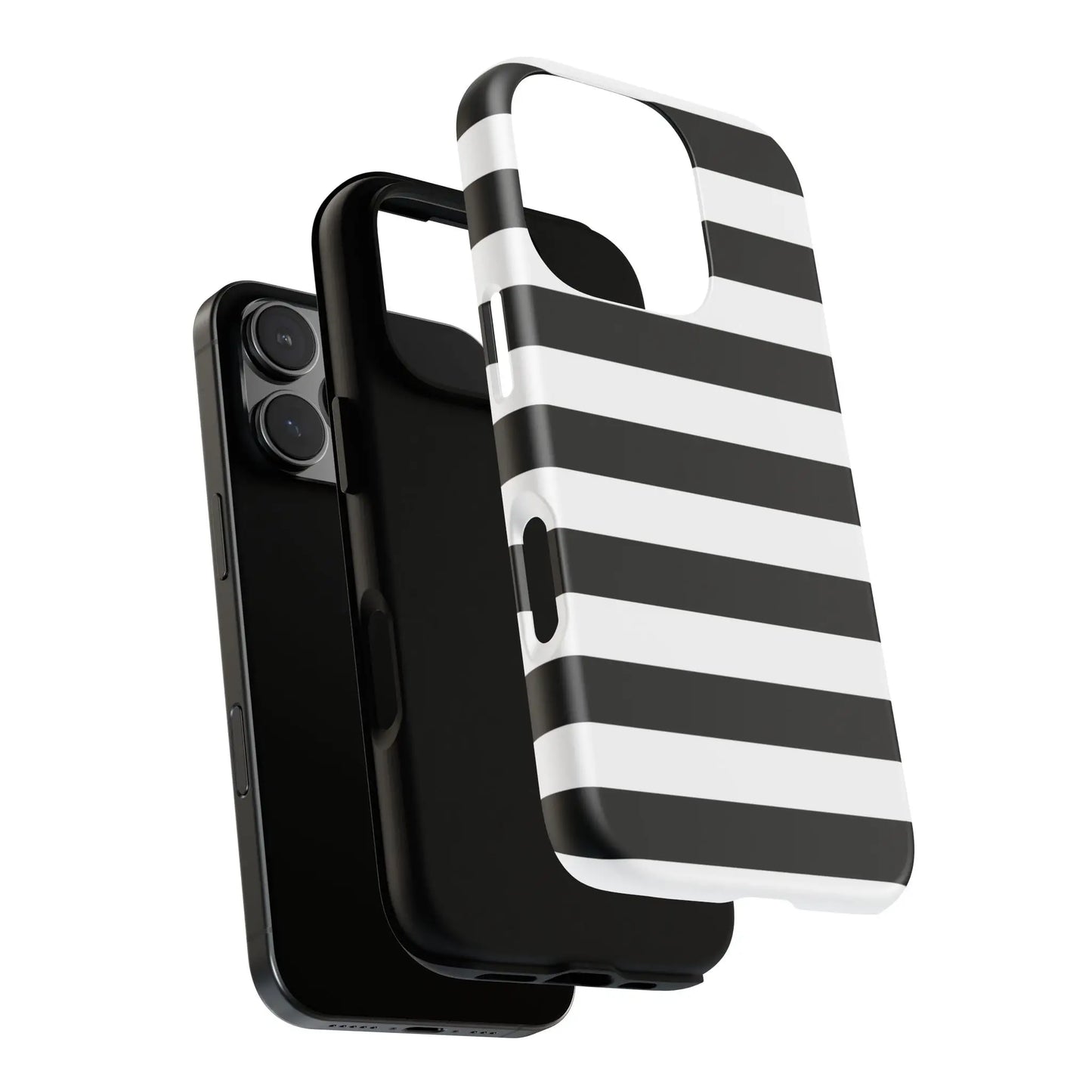 Back side of a black white stripe phone case with bold horizontal stripes for iphone samsung s and google pixel phones