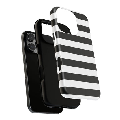 Back side of a black white stripe phone case with bold horizontal stripes for iphone samsung s and google pixel phones