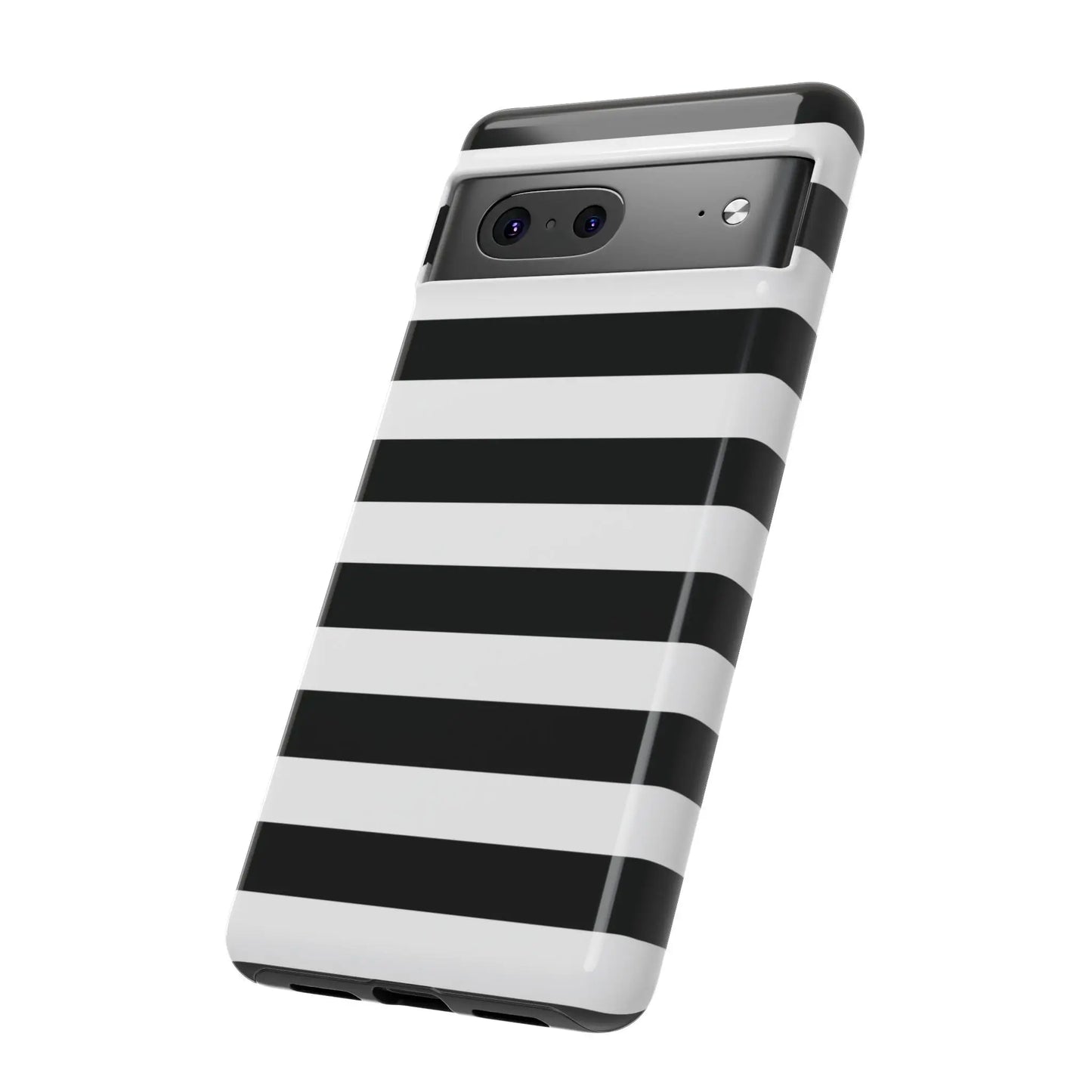 Black white stripe phone case with a glossy finish shown from the back for iphone samsung s google pixel phones