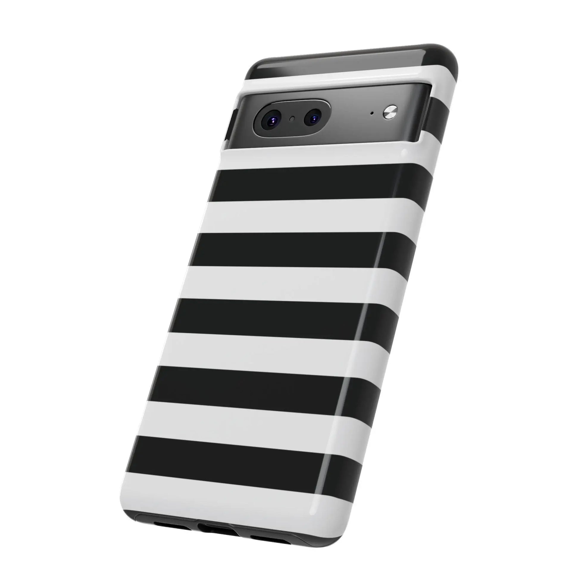 Black white stripe phone case with a glossy finish shown from the back for iphone samsung s google pixel phones