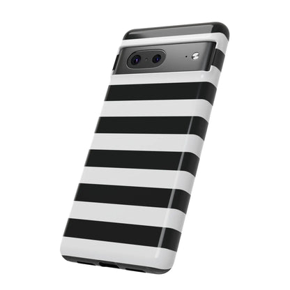 Black white stripe phone case with a glossy finish shown from the back for iphone samsung s google pixel phones