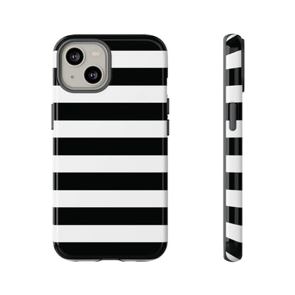 Back side of a black white stripe phone case with bold horizontal stripes for iphone samsung s and google pixel phones