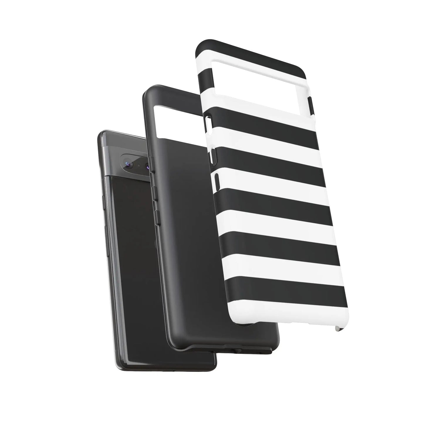 Back side of a sleek black white stripe phone case featuring a modern design for iphone samsung and google pixel phones