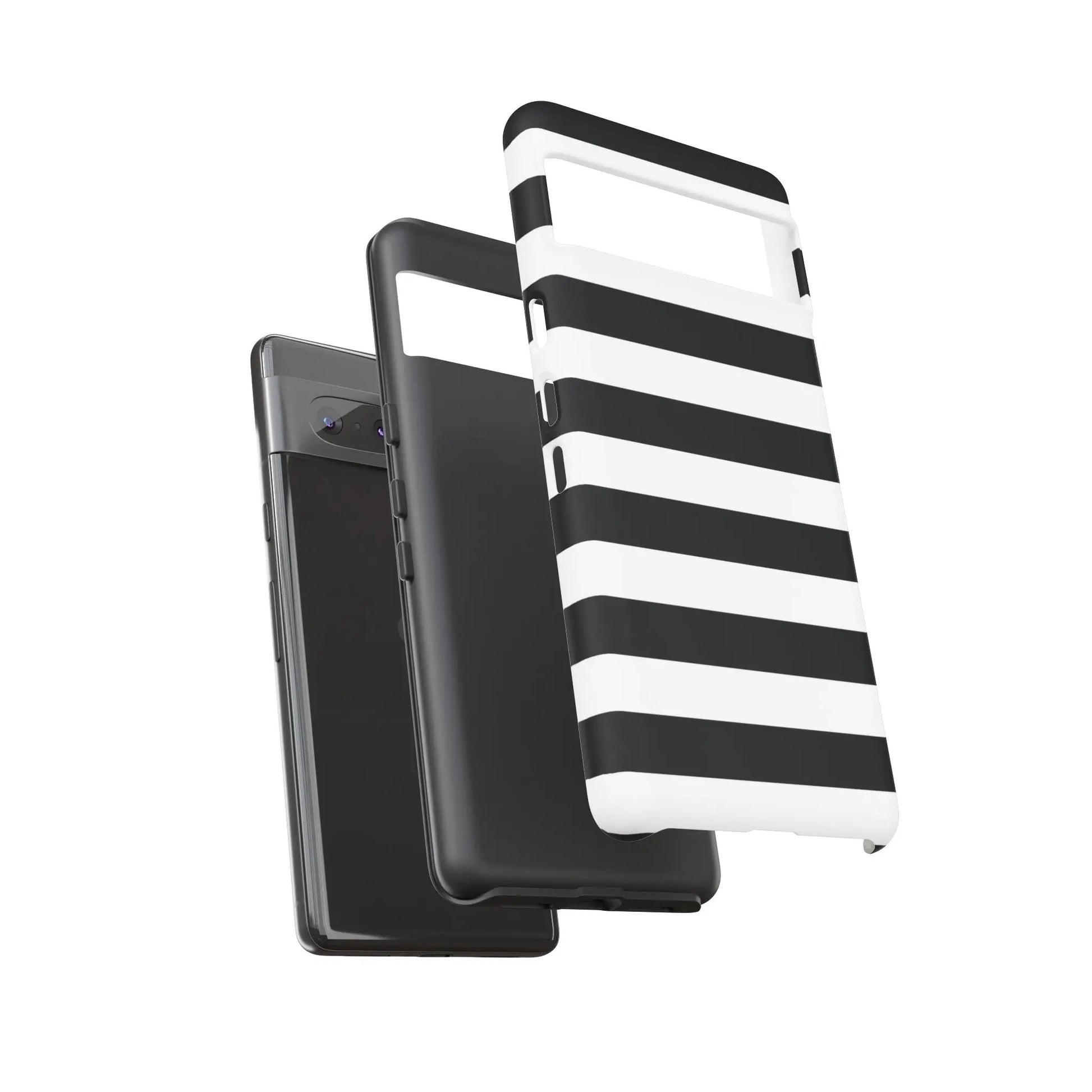 Back side of a sleek black white stripe phone case featuring a modern design for iphone samsung and google pixel phones