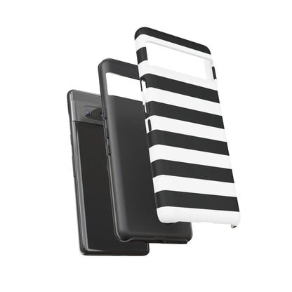 Back side of a sleek black white stripe phone case featuring a modern design for iphone samsung and google pixel phones