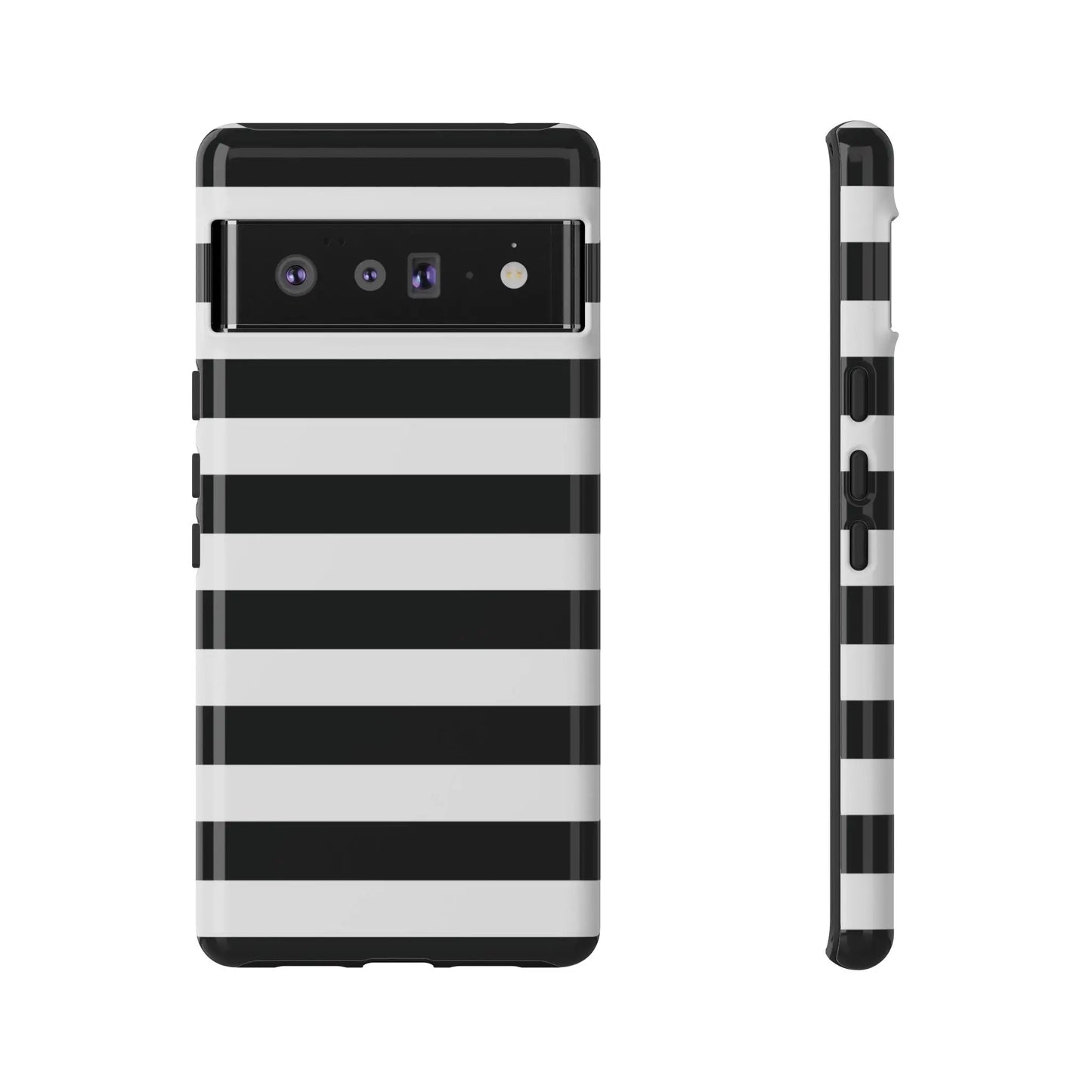 Back side of a black white stripe phone case with bold horizontal stripes for iphone samsung and google pixel phones