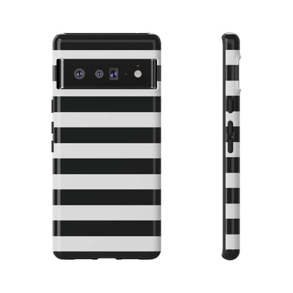 Back side of a black white stripe phone case with bold horizontal stripes for iphone samsung and google pixel phones