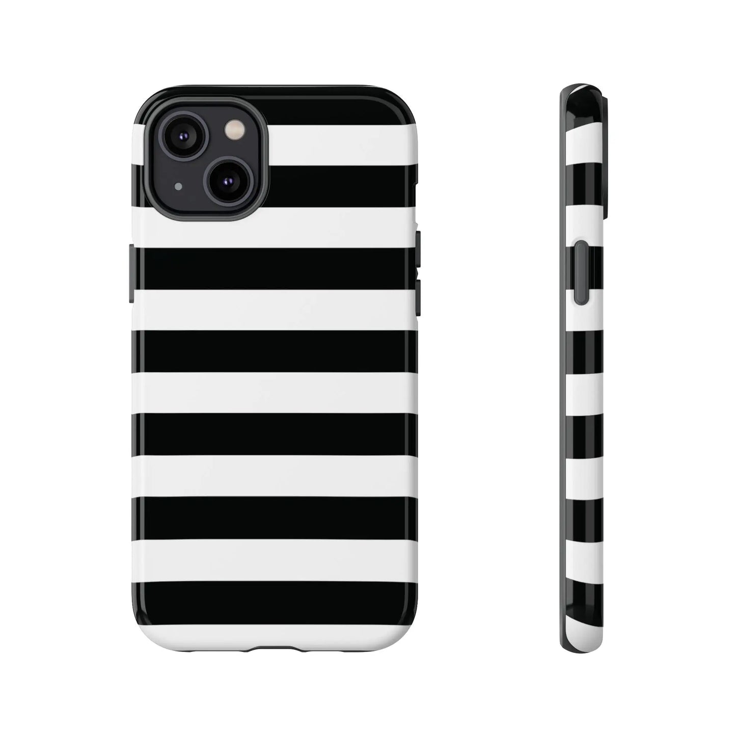 Black white stripe phone case with sleek glossy finish shown from the back for iphone samsung s google pixel phones