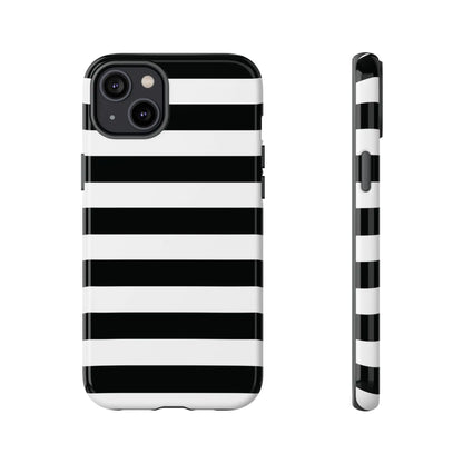 Black white stripe phone case with sleek glossy finish shown from the back for iphone samsung s google pixel phones