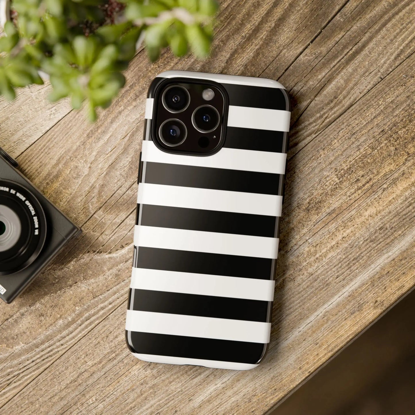 Back side of a glossy black white stripe phone case for iphone samsung s and google pixel phones