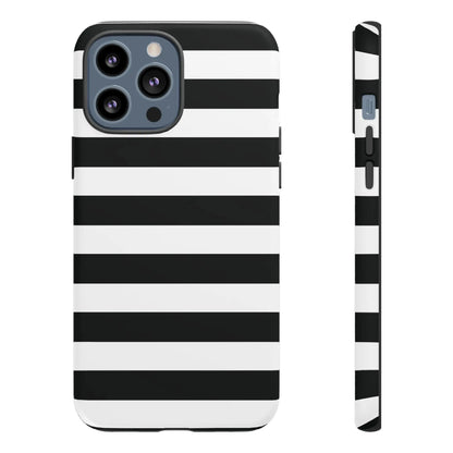 Black white stripe phone case for iPhone Samsung and Google Pixel showing back with sleek horizontal stripes design