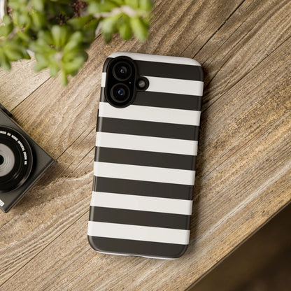 Back side of a sleek black white stripe phone case for iphone samsung s and google pixel phones with modern design
