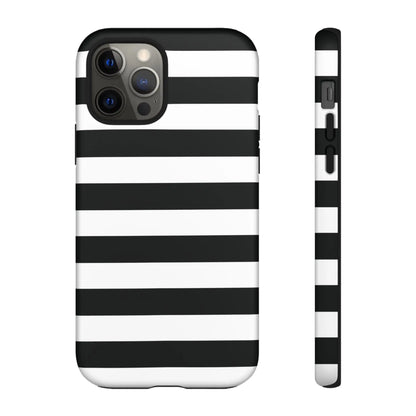 Back side of a sleek black white stripe phone case with horizontal stripes for iphone samsung s and google pixel phones