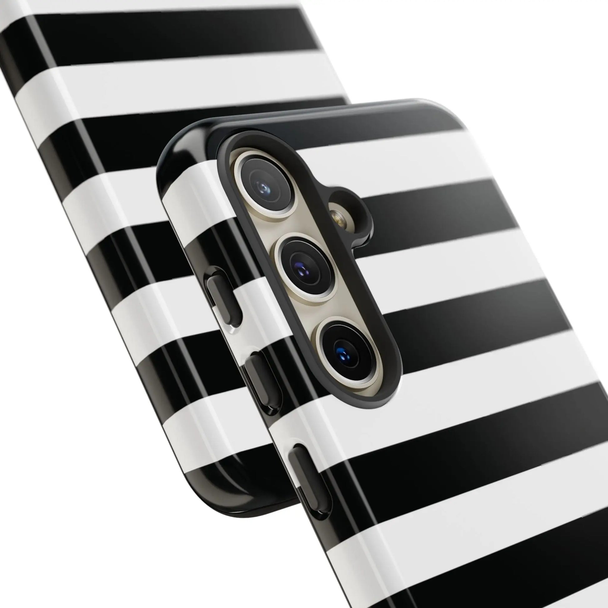 Black white stripe phone case with a glossy finish shown from the back for iphone samsung s and google pixel phones