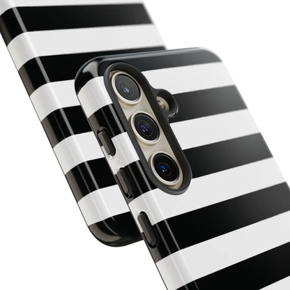 Black white stripe phone case with a glossy finish shown from the back for iphone samsung s and google pixel phones