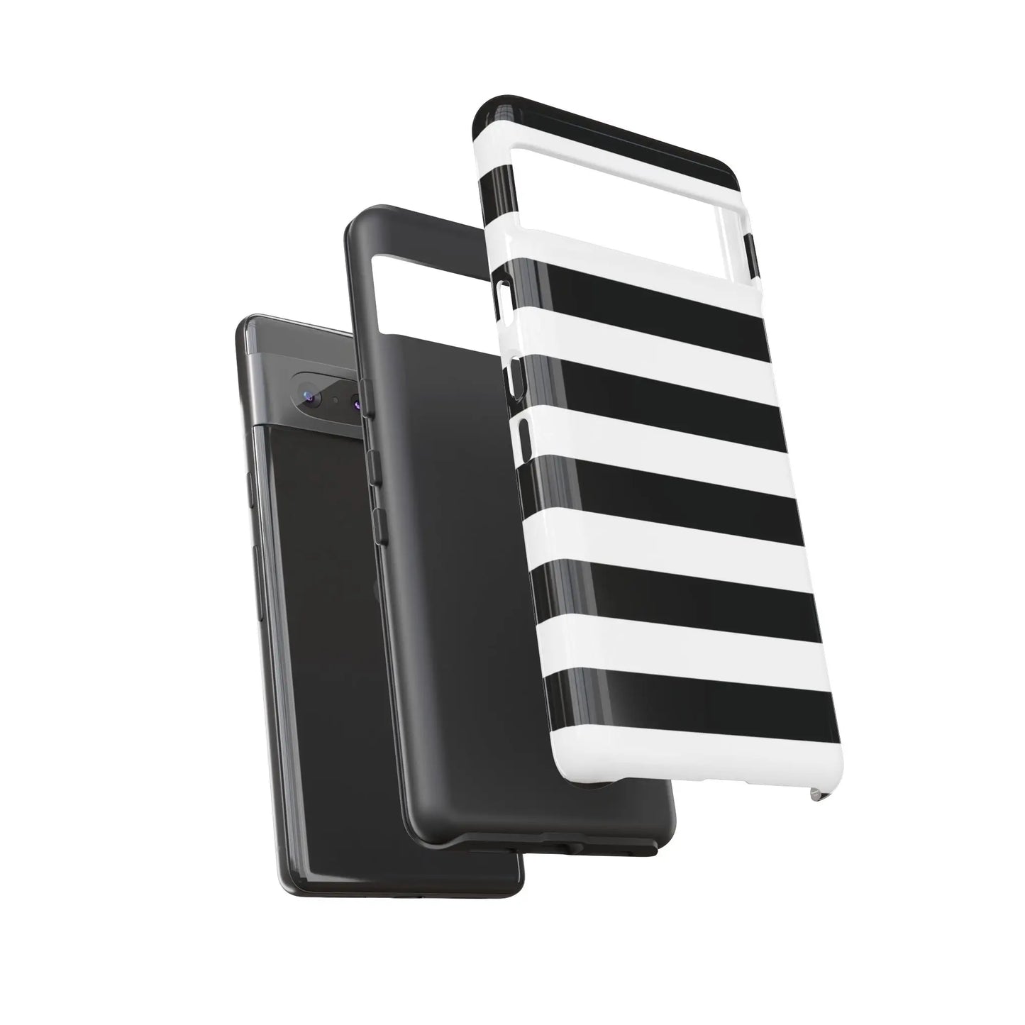 Back side of a black white stripe phone case with glossy finish for iphone samsung s and google pixel phones
