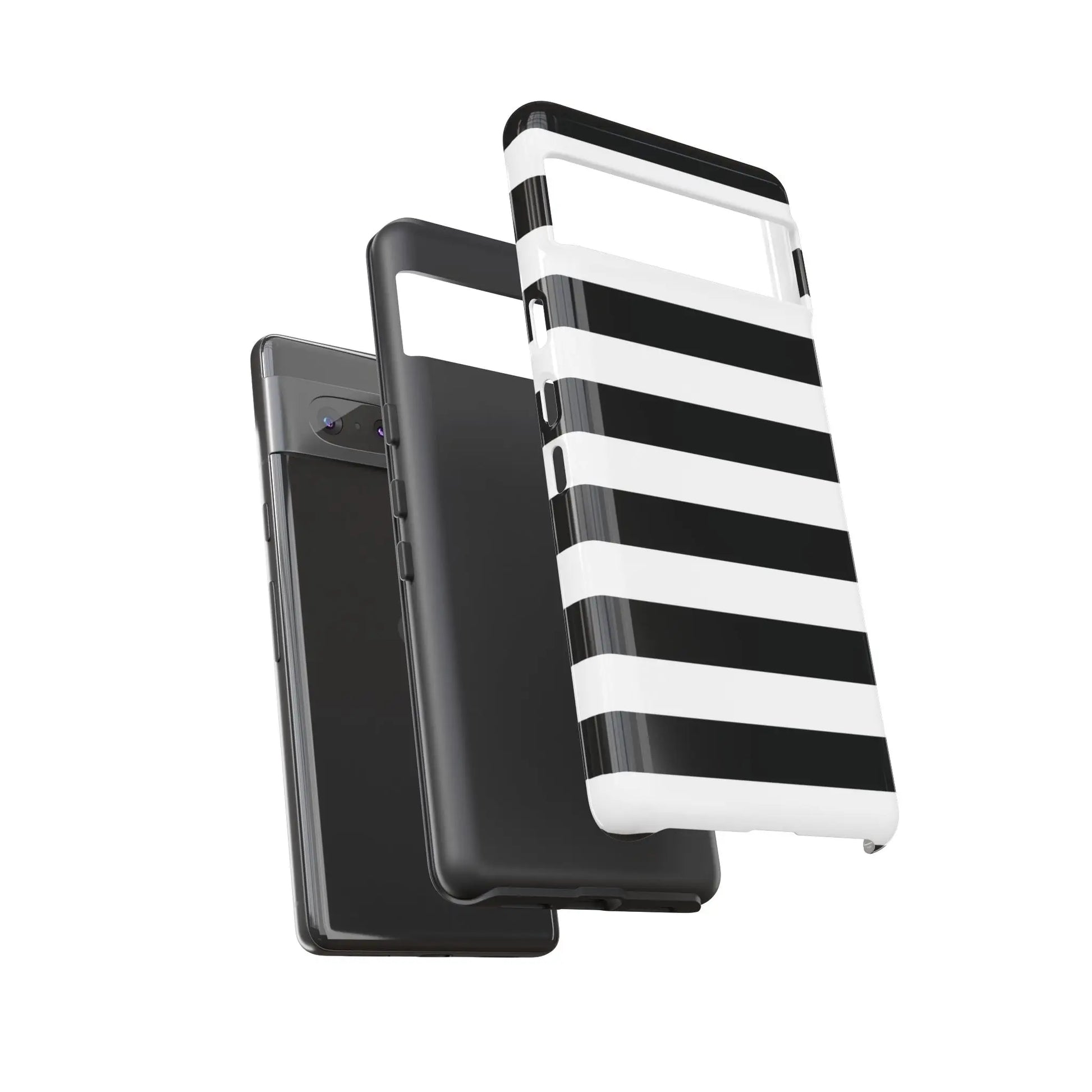 Back side of a black white stripe phone case with glossy finish for iphone samsung s and google pixel phones