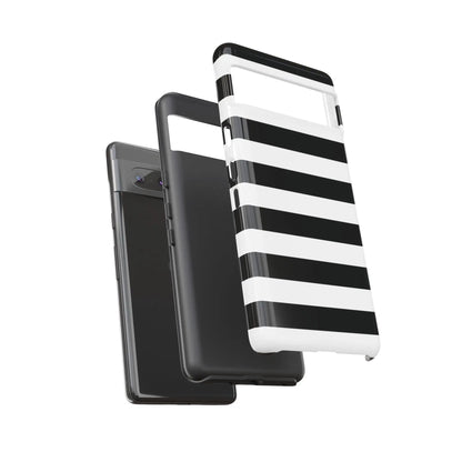 Back side of a black white stripe phone case with glossy finish for iphone samsung s and google pixel phones
