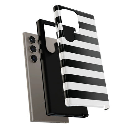 Black white stripe phone case with a glossy finish showing the back side for iPhone Samsung S and Google Pixel phones